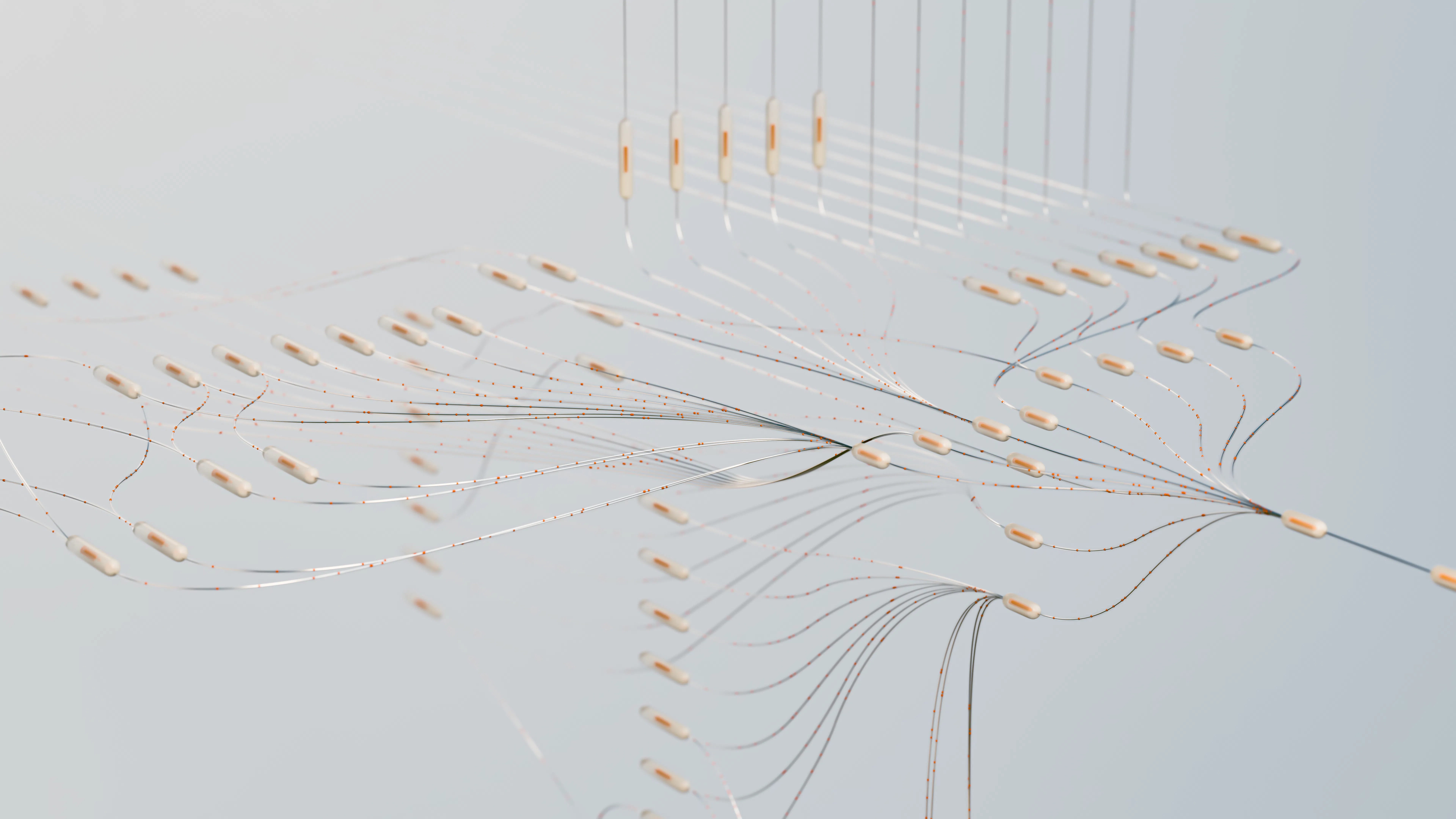 Abstract nodes and wires visualizing data flows for Answer Engine Optimization and structuring content for LLMs.