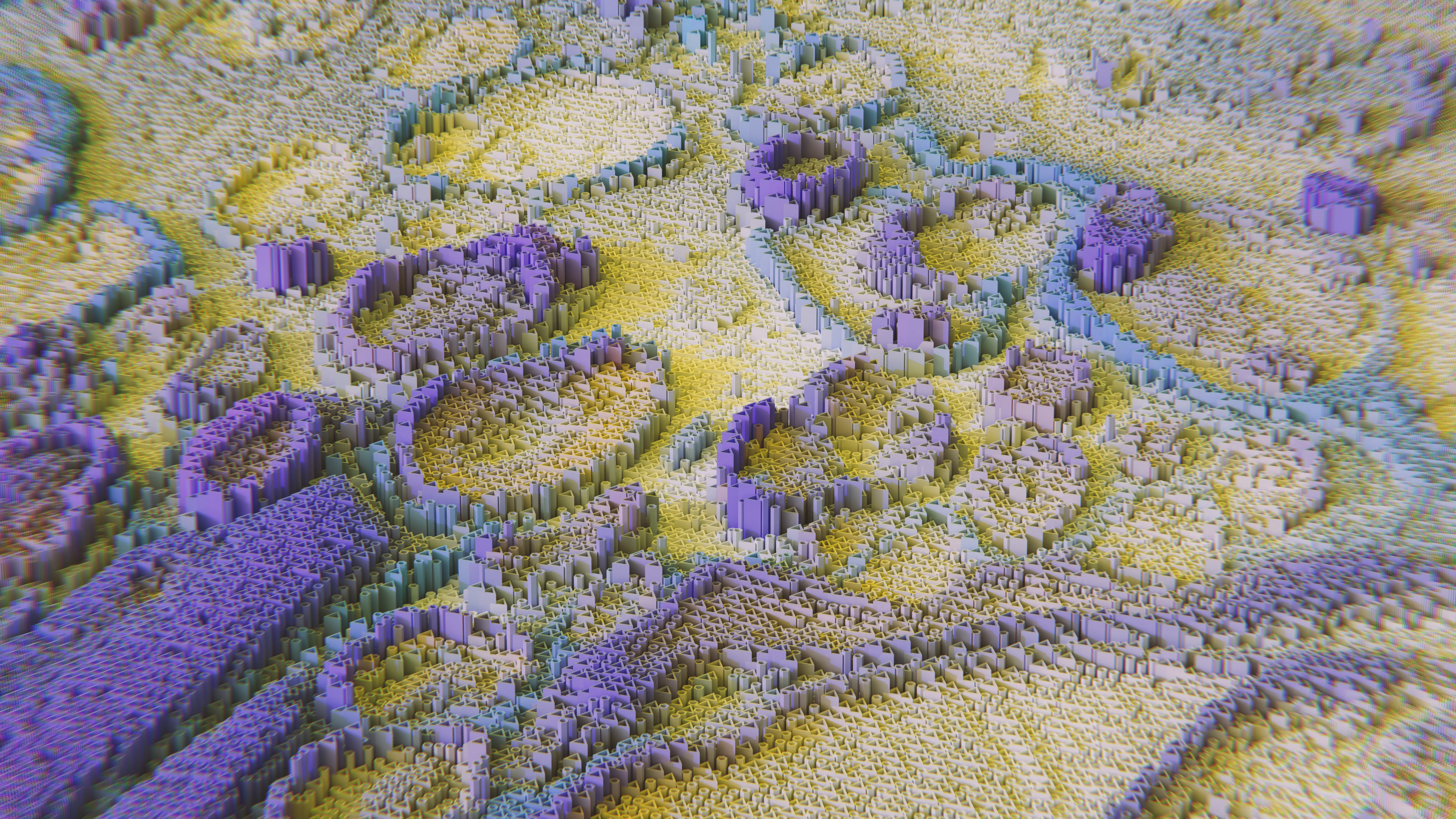 Detailed digital terrain of purple and yellow topographic blocks representing generative engine optimization and data architecture.