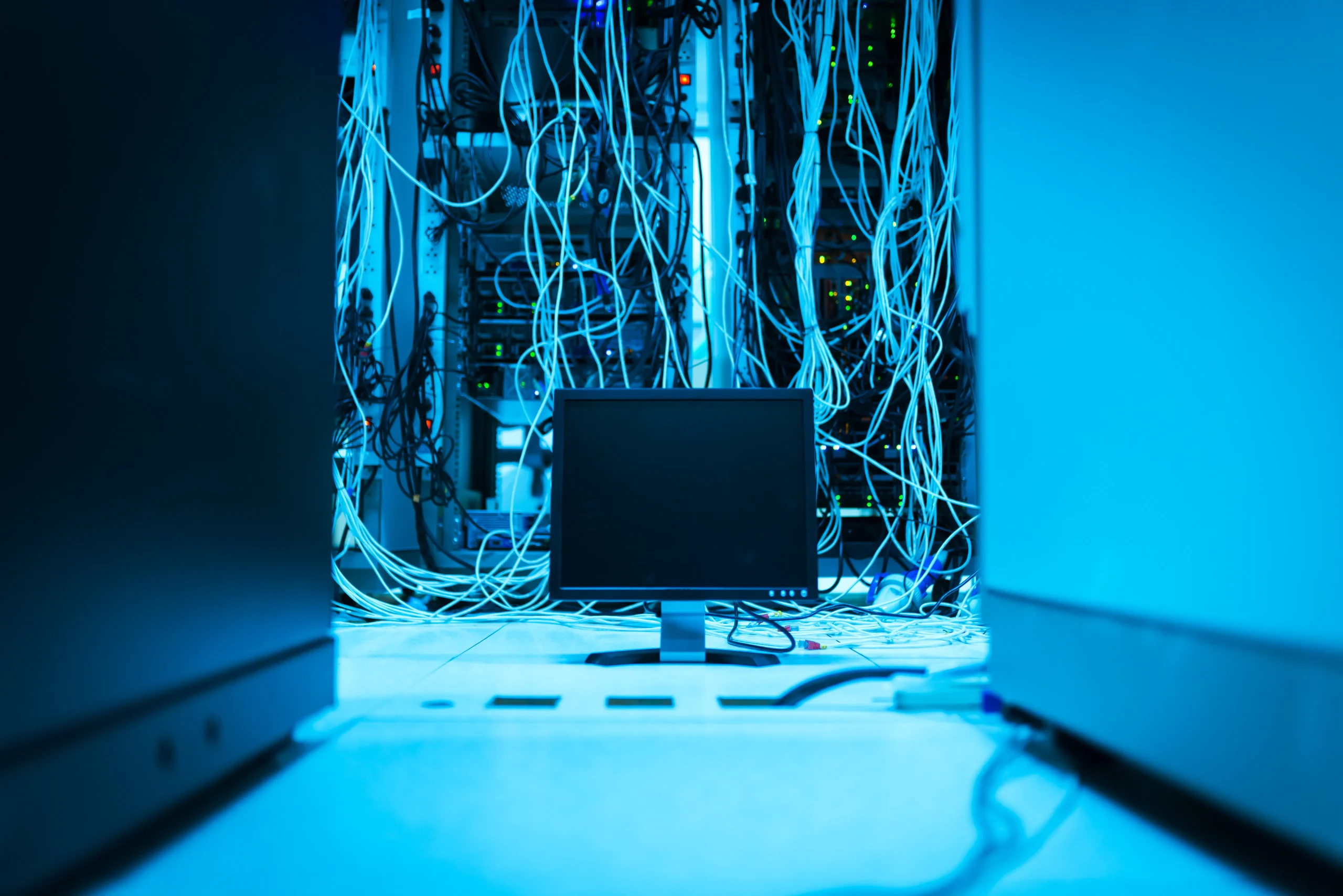 A computer monitor in a server room, representing the infrastructure behind seo automated software.