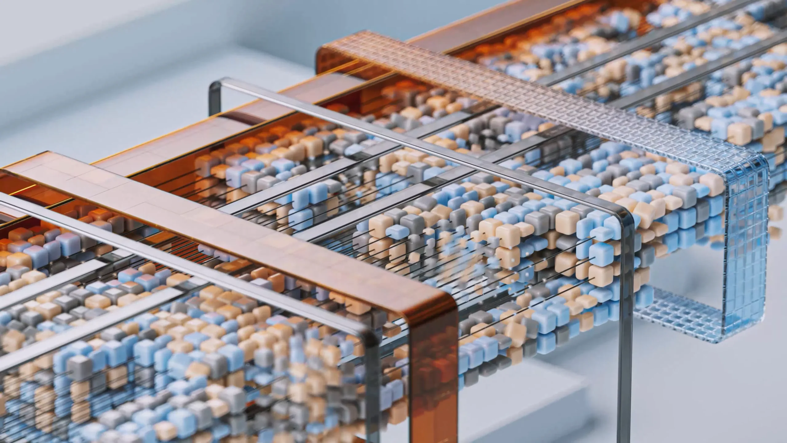 Abstract 3D blocks representing data processing for scaling blog content with an AI article generator.