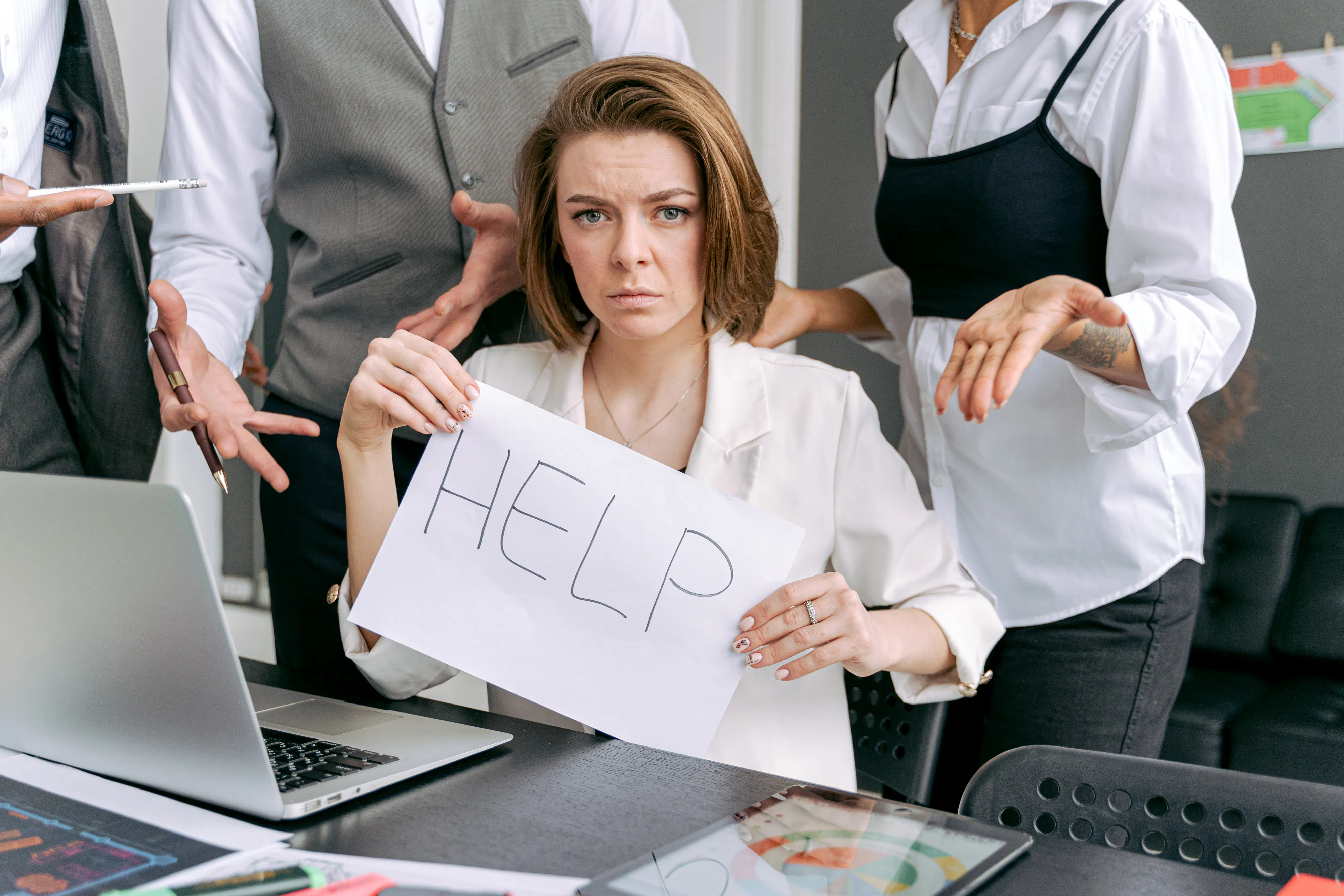Stressed office worker holding a help sign, avoiding seo penalties with high quality ai content.