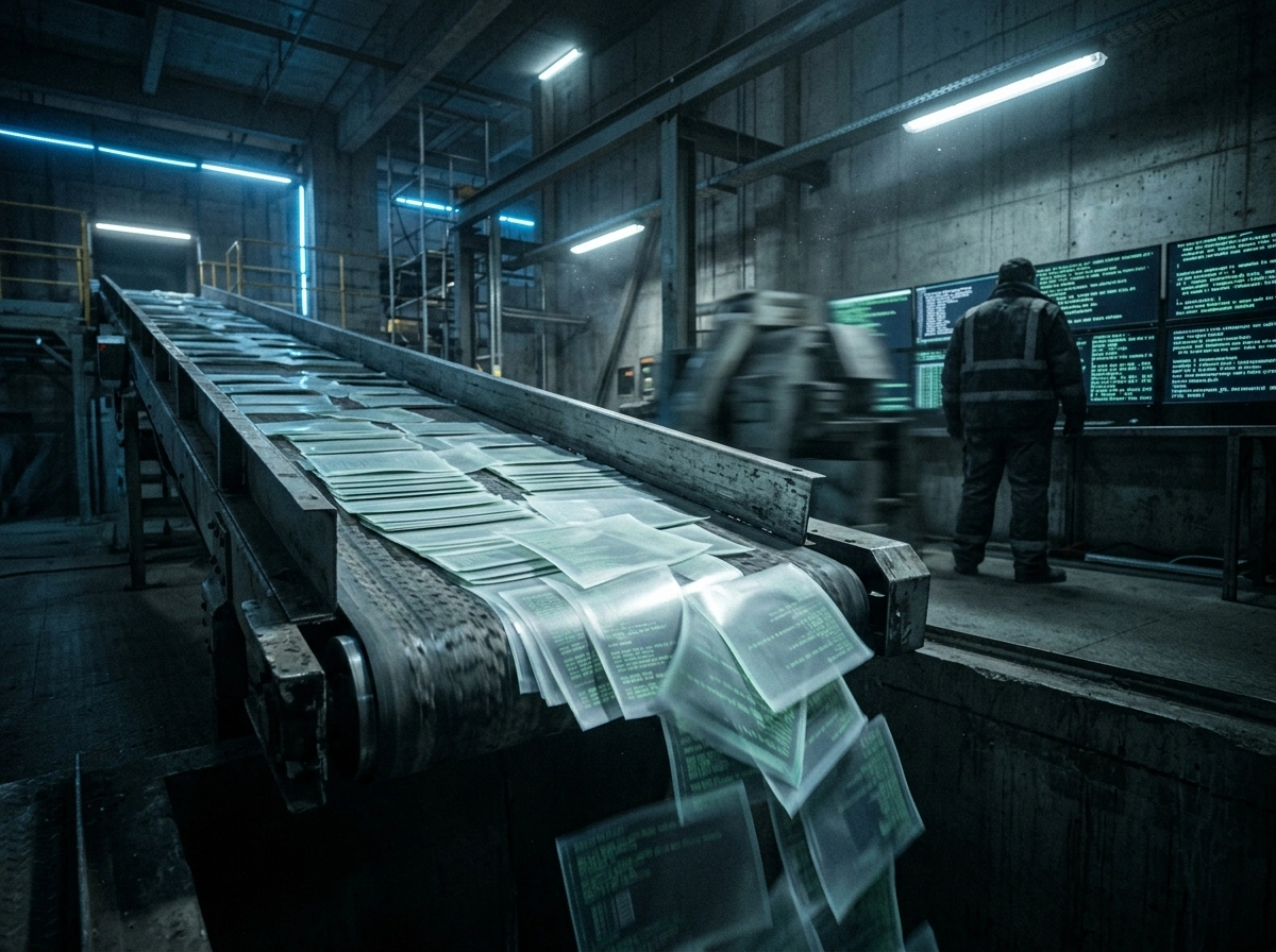 A factory conveyor belt producing automated AI SEO articles, representing search writing automation.