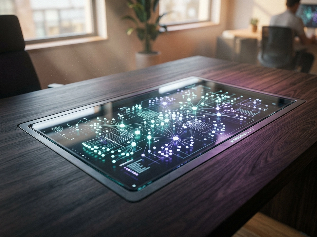 A digital data network on a desk, visualizing content performance analysis and SEO.