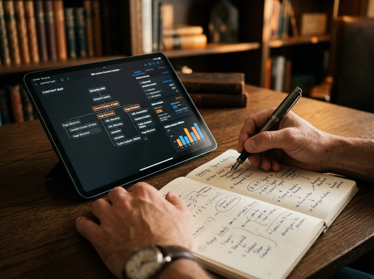Human-in-the-loop SEO strategy using AI content tools and manual notes for search intent optimization.
