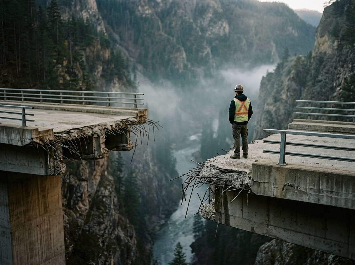 A worker standing at a broken bridge, symbolizing the gap between generic AI drafts and quality content.