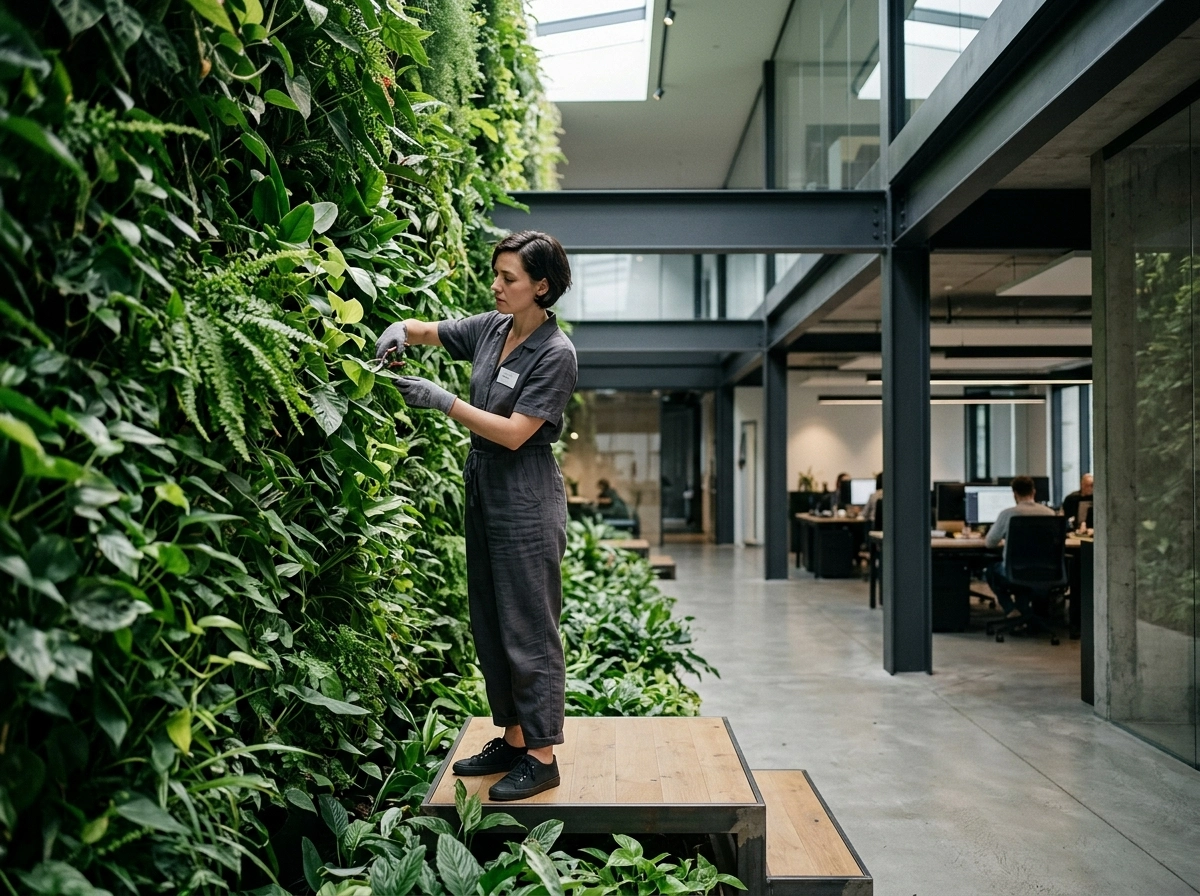 Person pruning a living wall, representing human-in-the-loop SEO for optimizing AI content.
