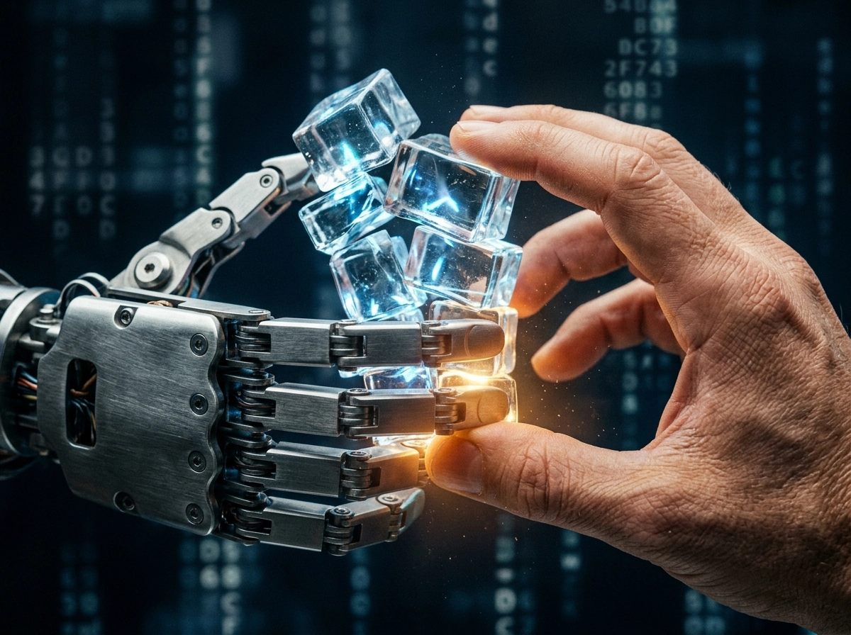 A robotic hand and human hand building with digital blocks, symbolizing content marketing automation.