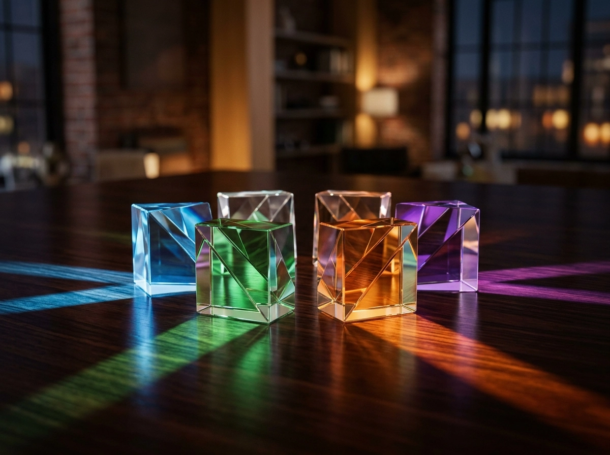 Colorful glass prisms on a desk, representing search intent alignment in blogging with AI.