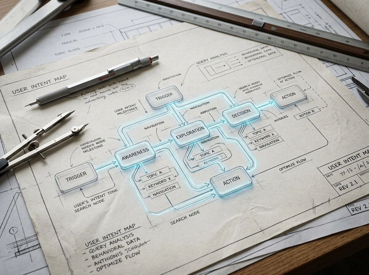 Blueprint showing user intent matching for SEO workflow integration and content strategy automation.