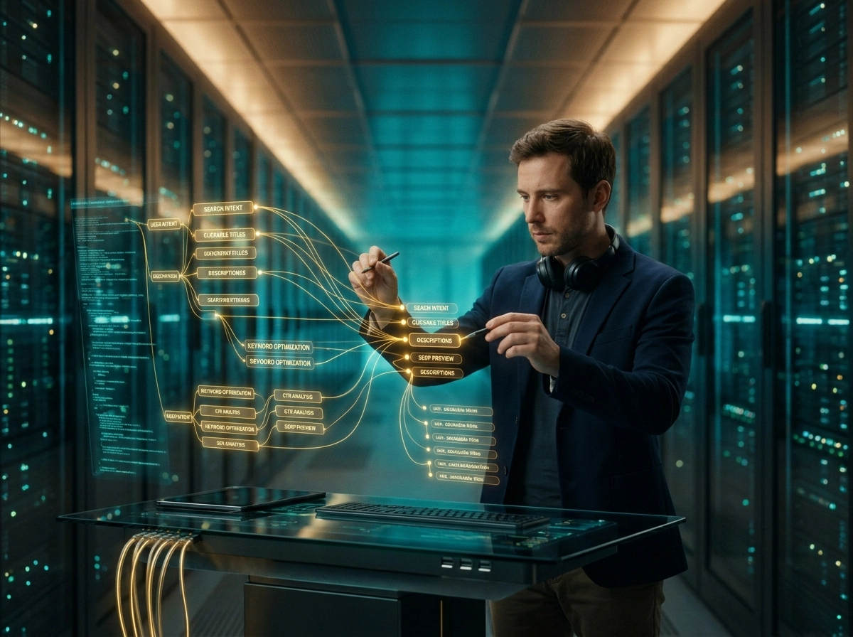Professional using AI blog content creator tools to refine search intent alignment in a server room.