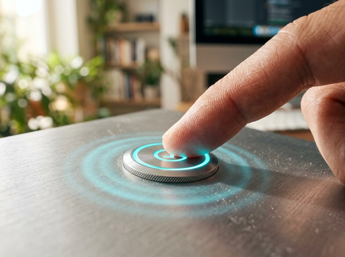 Finger pressing a glowing button to start content marketing automation and SEO workflow integration.