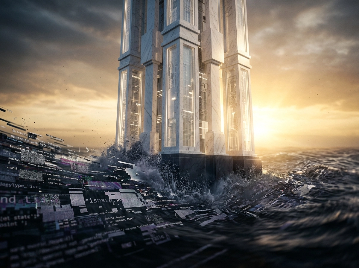 A marble tower rising from a sea of digital code, representing enterprise content solutions.
