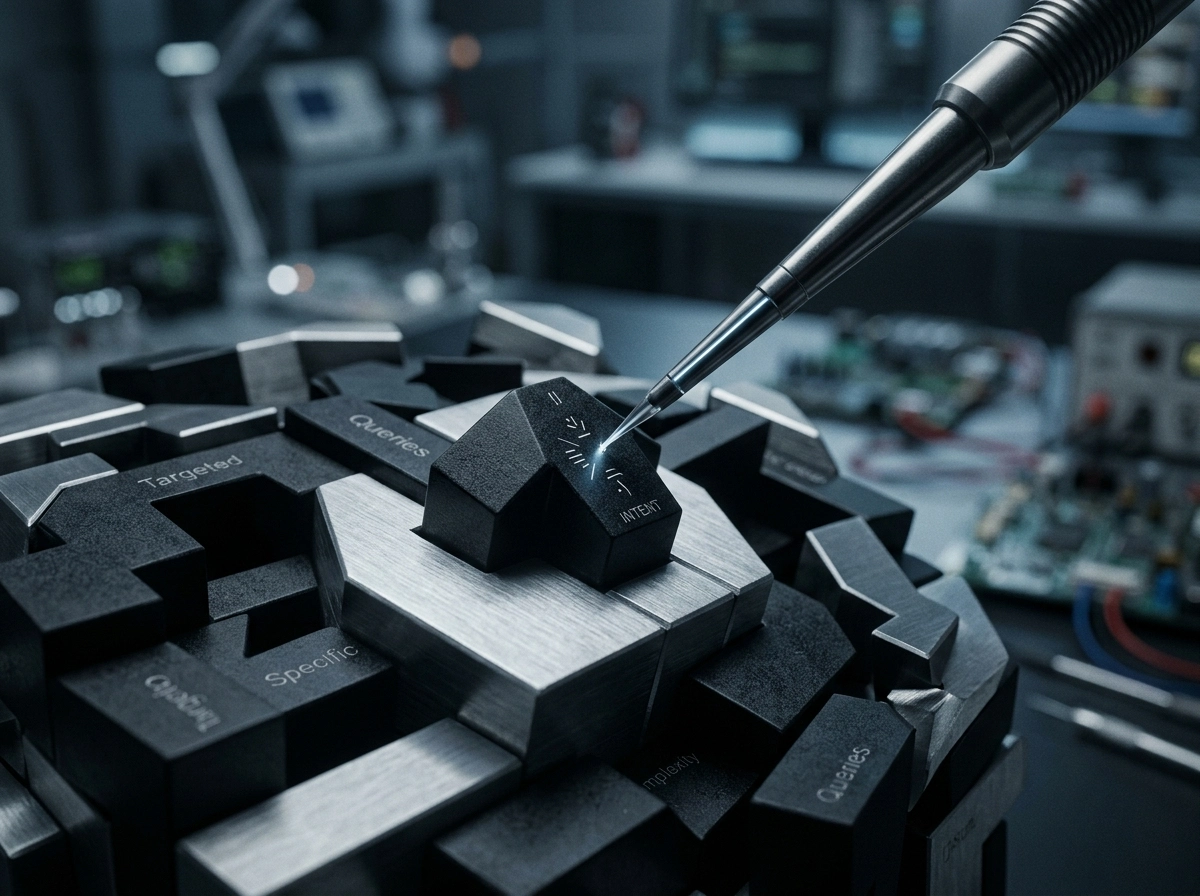 Precision tool refining a block labeled intent, ideal for long-tail keyword targeting strategies.