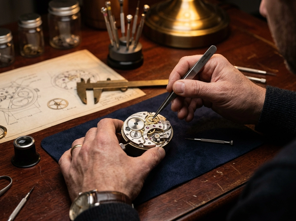 Watchmaker using niche content tools to repair a watch, showing precision like specialized AI writers.