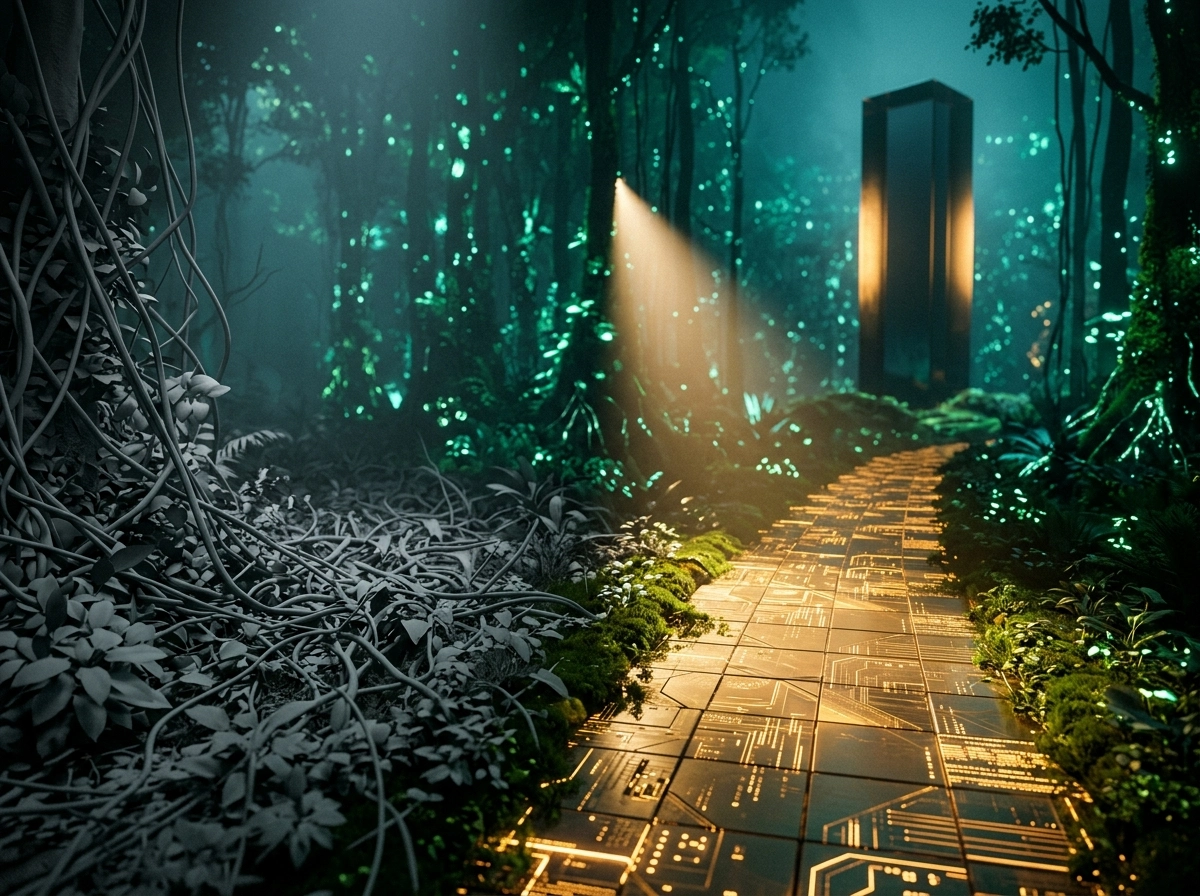 A glowing digital path in a forest, representing enterprise content solutions and AI SEO blog writer tech.