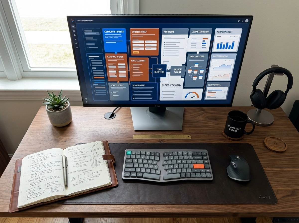 Monitor showing AI SEO blog writer software for content production and long-tail keyword targeting.