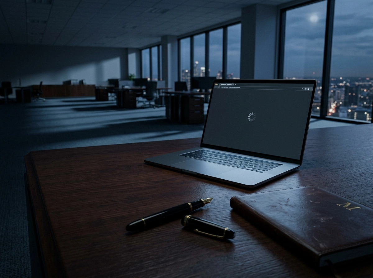 A laptop showing a loading screen in a dark office, representing content automation results.