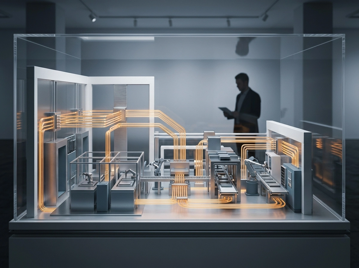 A miniature factory model representing automated content production and AI writing software strategy.