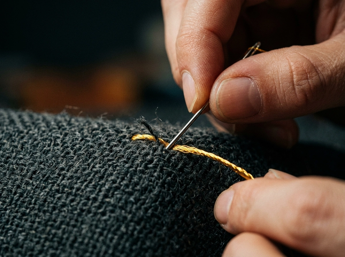 Close-up of hands sewing, representing the precision needed for a manual content strategy.