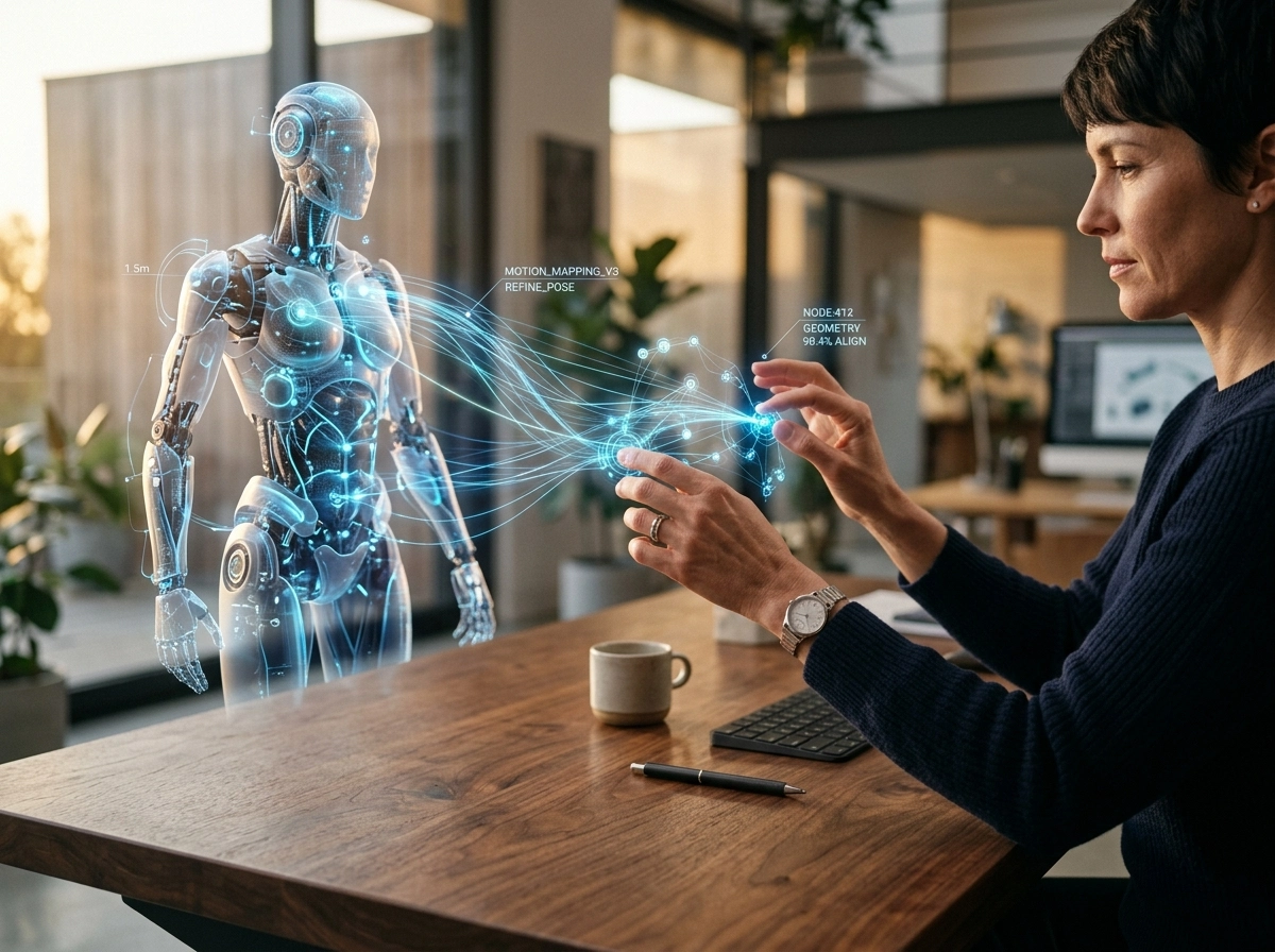 A woman interacting with a digital AI hologram to improve content quality and humanize AI text.
