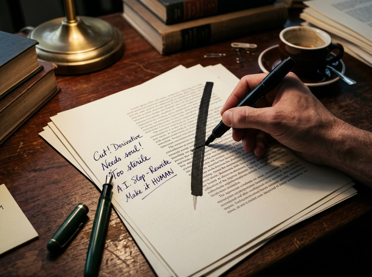 Hand editing an AI blog post to remove sterile text and ensure natural sounding AI content.