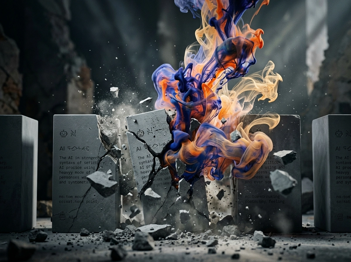 Stone blocks shattering with colorful smoke, symbolizing humanizing AI content and avoiding AI detection.