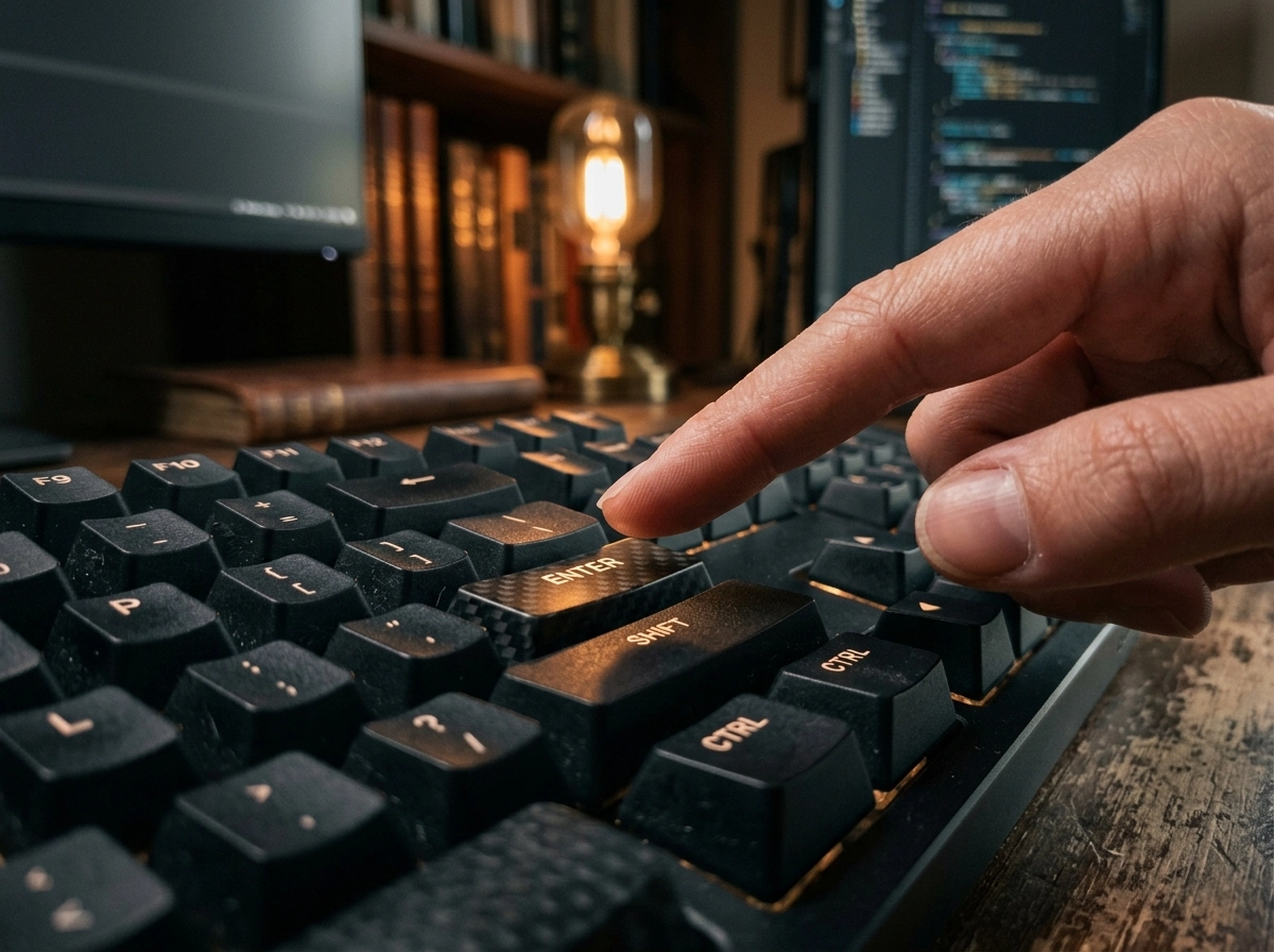 A finger pressing the enter key, representing how to edit AI blog posts for better content quality.