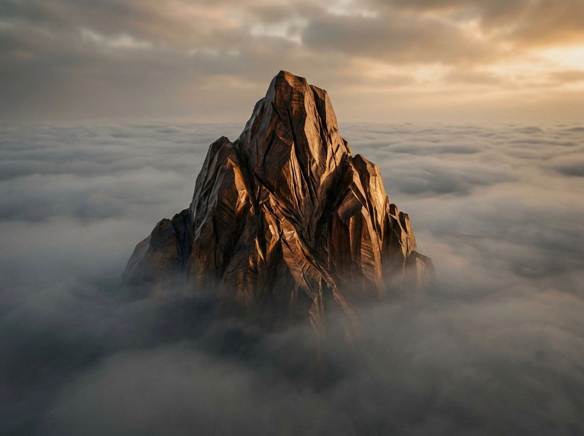 A jagged mountain peak rising above clouds, symbolizing humanizing AI content for better quality.