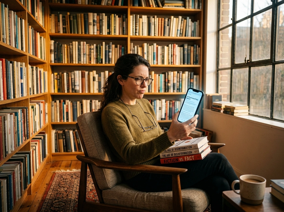 A woman reading on a phone in a library, reflecting on AI content transparency and user experience.