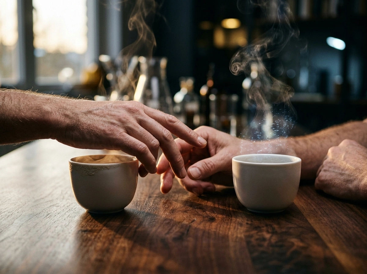 Two hands reaching for coffee cups, representing trust in AI writing and human-AI collaboration.