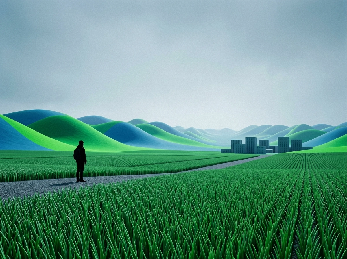 A person standing in a surreal landscape, reflecting on reader perception of AI and content marketing.