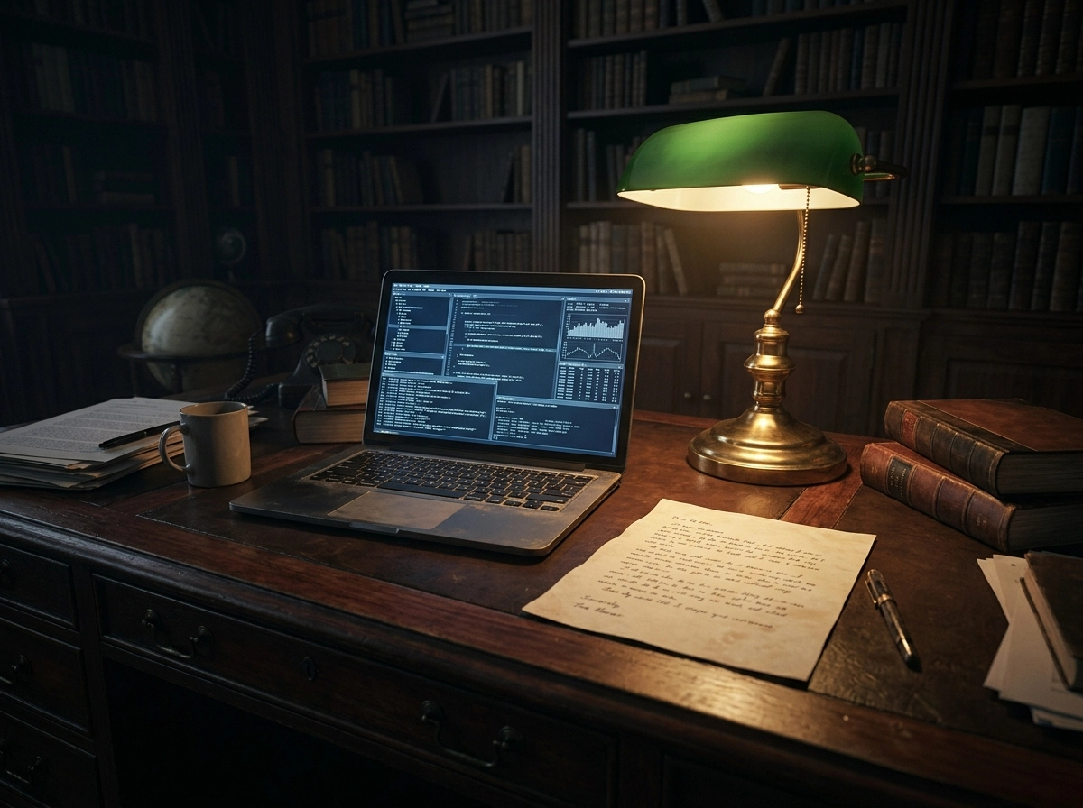 A laptop displaying code on a desk, representing the intersection of human writing and AI content.