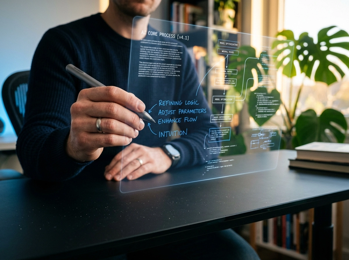 A person using a stylus on a digital interface to refine AI writing and improve reader engagement.