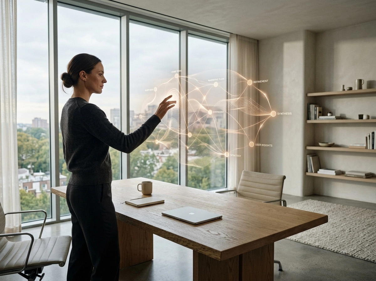 Woman interacting with AI data visualization to improve user experience and AI content marketing.