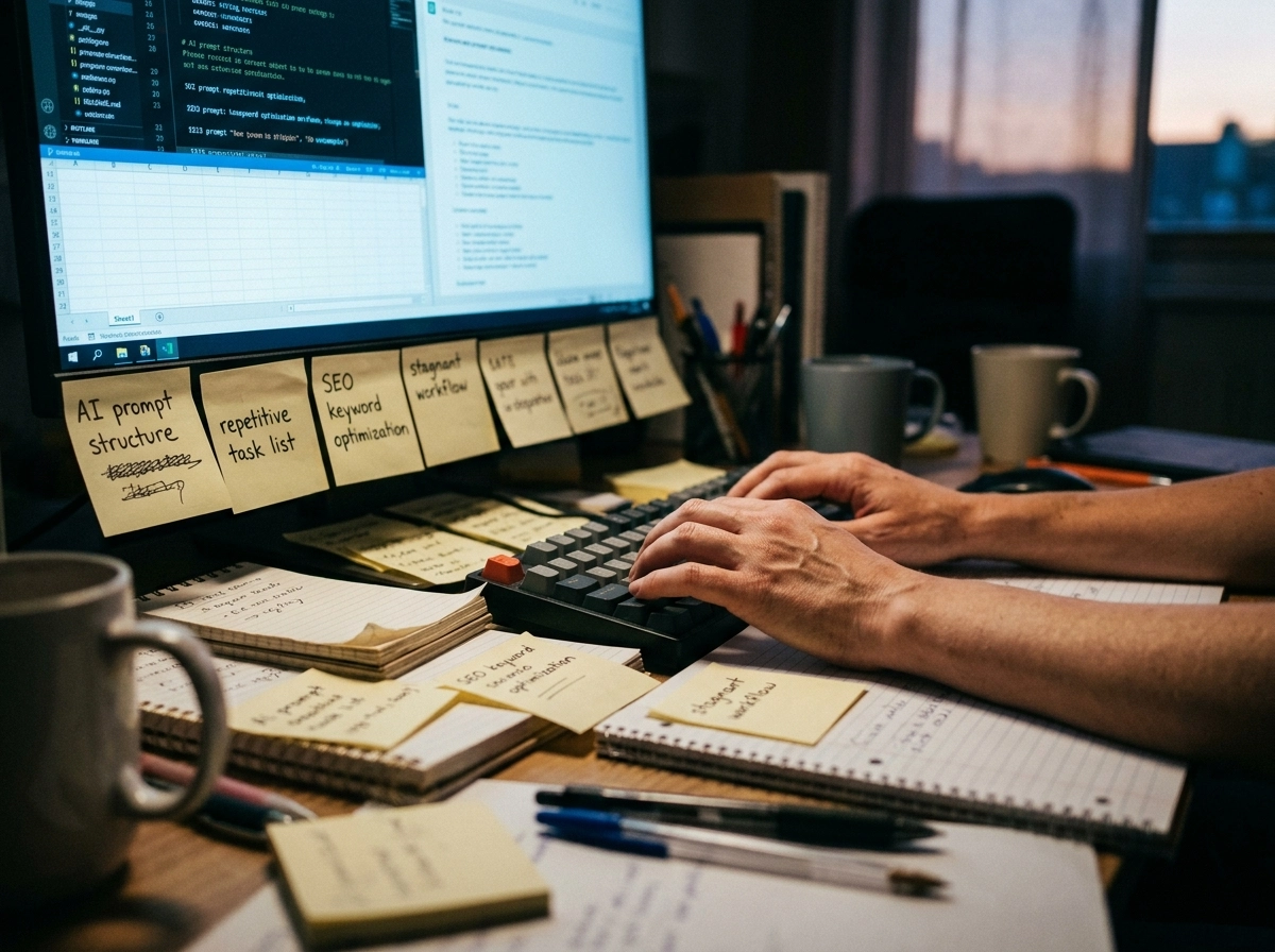 Hands typing on keyboard, optimizing an efficient blogging workflow with AI content SaaS tools.