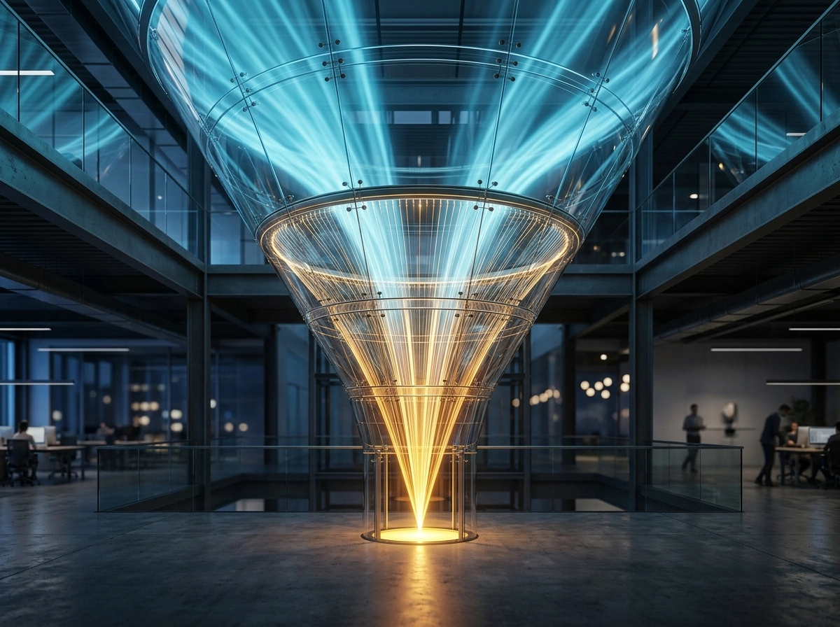 A glowing digital funnel in an office, representing a marketing SaaS tool to scale organic traffic.