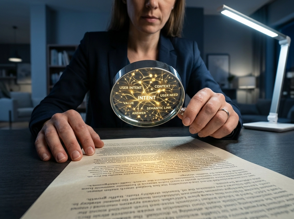 A person using a magnifying glass to analyze search intent signals in optimized blog drafts.