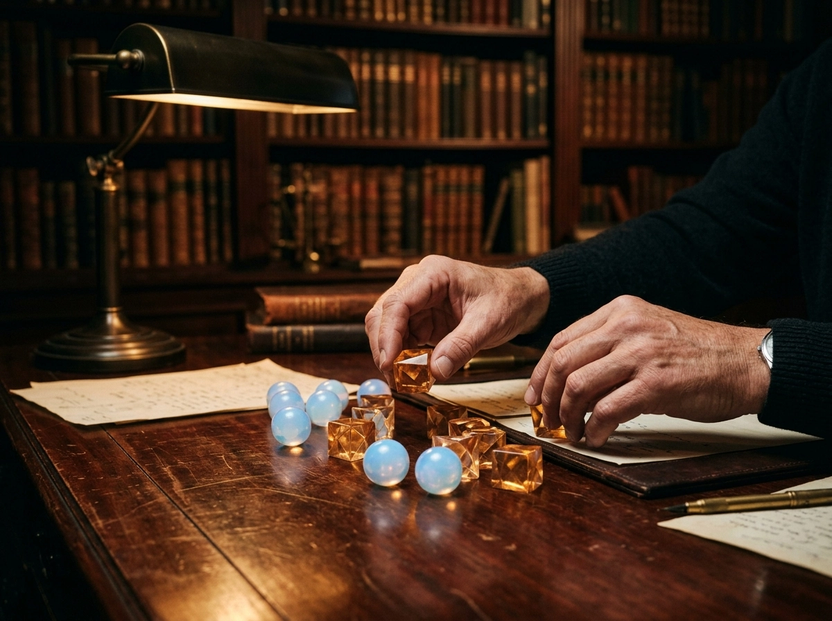 Person arranging shapes on a desk, representing semantic search tools and content strategy.