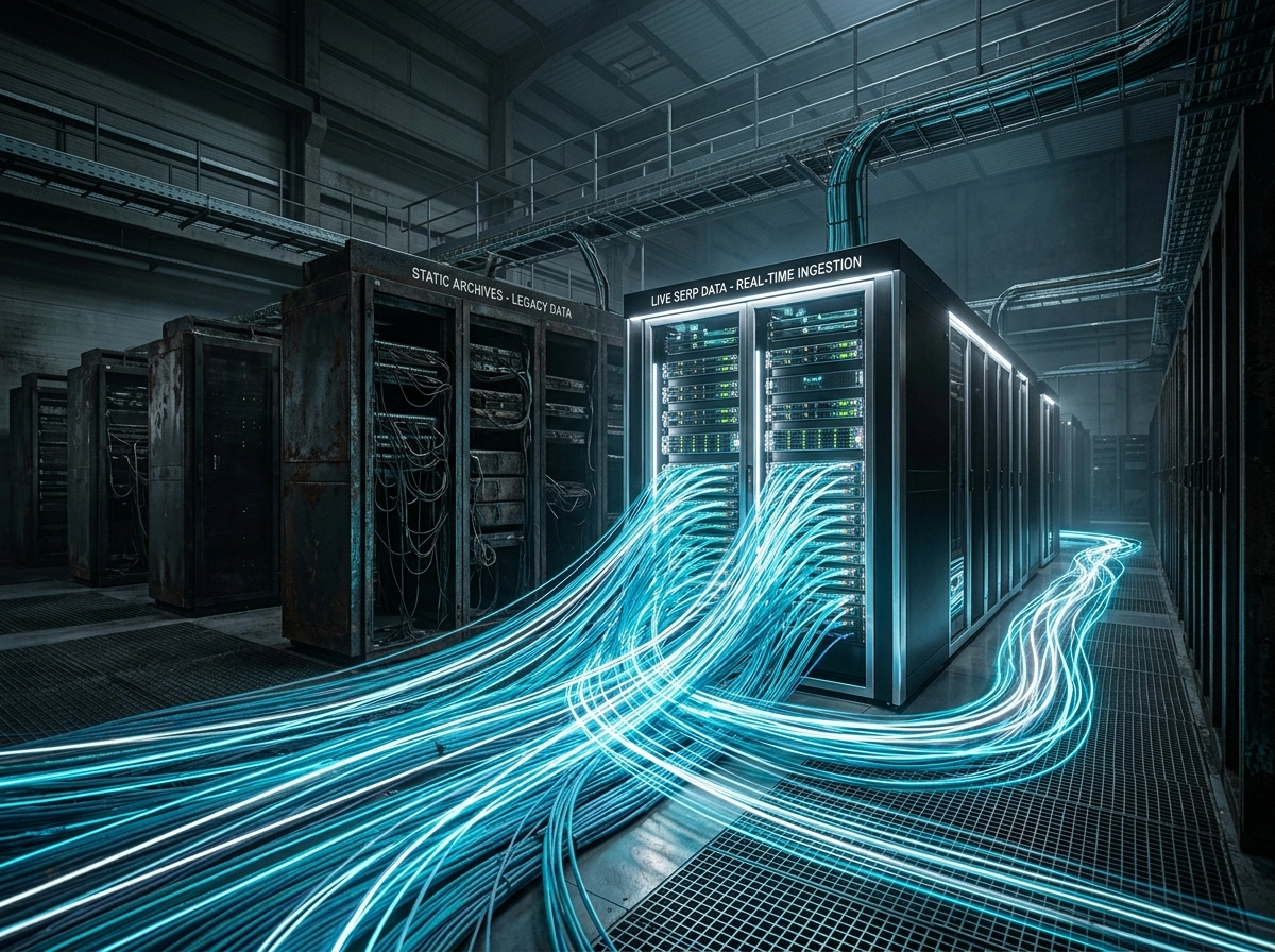 Server racks processing live SERP data for advanced search intent optimization and rank tracking.