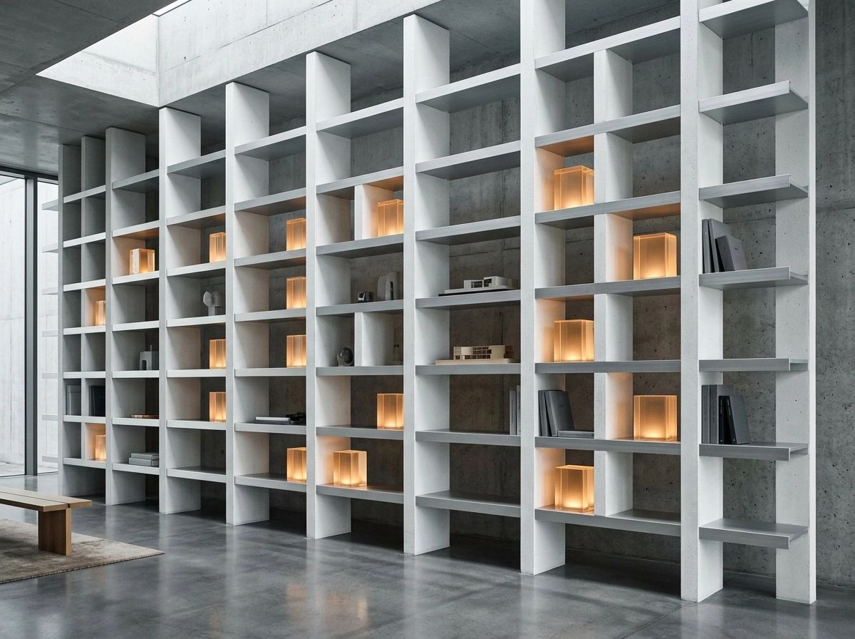 Modern shelving unit displaying organized content for long-form content creation and SEO blog writing.