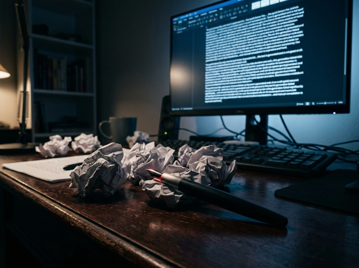 A desk with paper balls and pen, showing SEO blog writing software for long-form content creation.