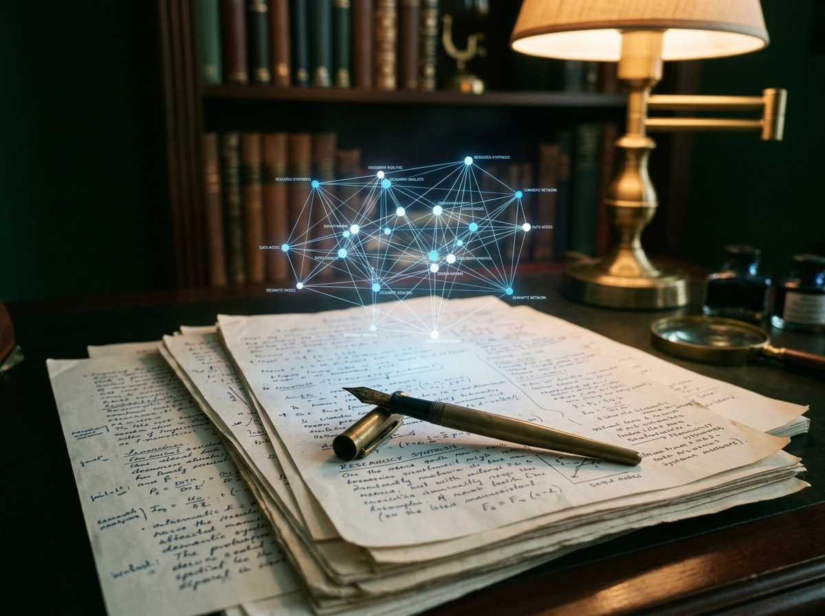 A digital network hovering over handwritten notes, illustrating AI writing prompts for SEO.