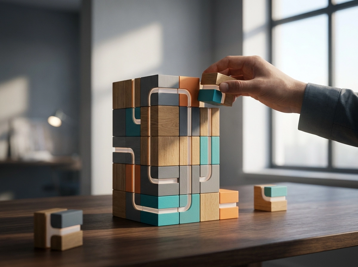 Hand placing a block to optimize ai writing assistant workflow and improve content quality.