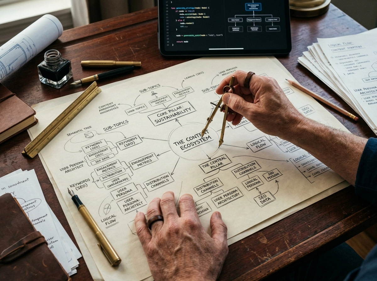 Person using a compass on a content ecosystem map to improve seo workflow and ranking.