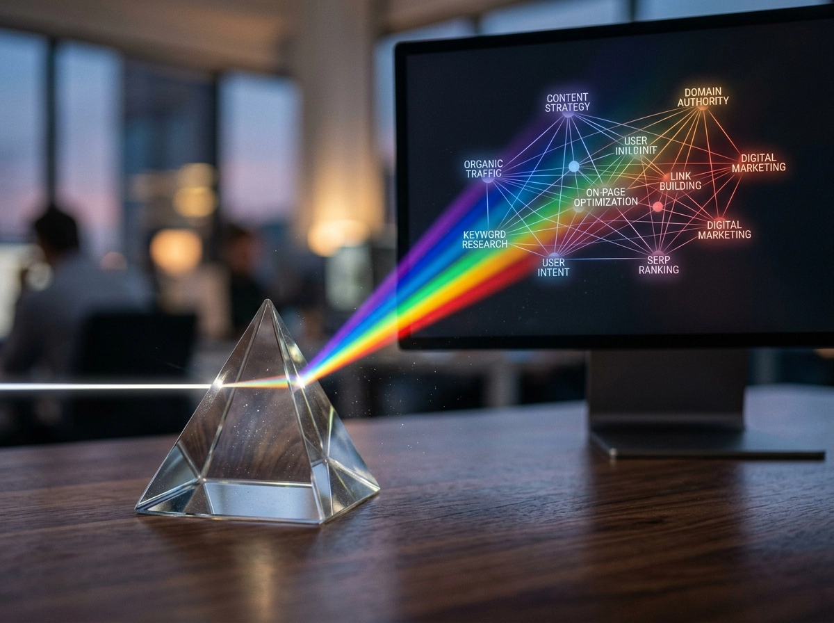 A prism refracting light into an SEO strategy network to improve content creation efficiency.