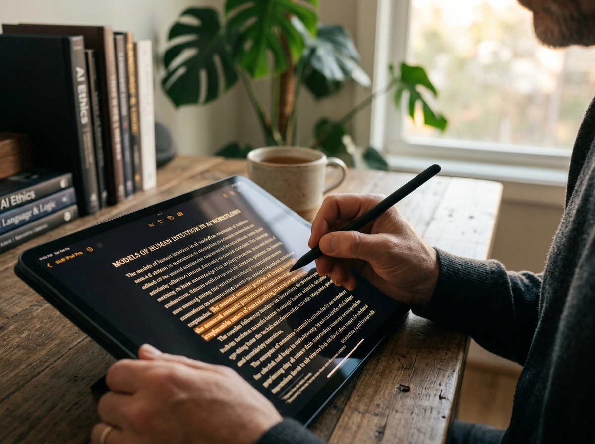 A person using a stylus to edit content for SEO on a tablet, optimizing AI writing workflows.