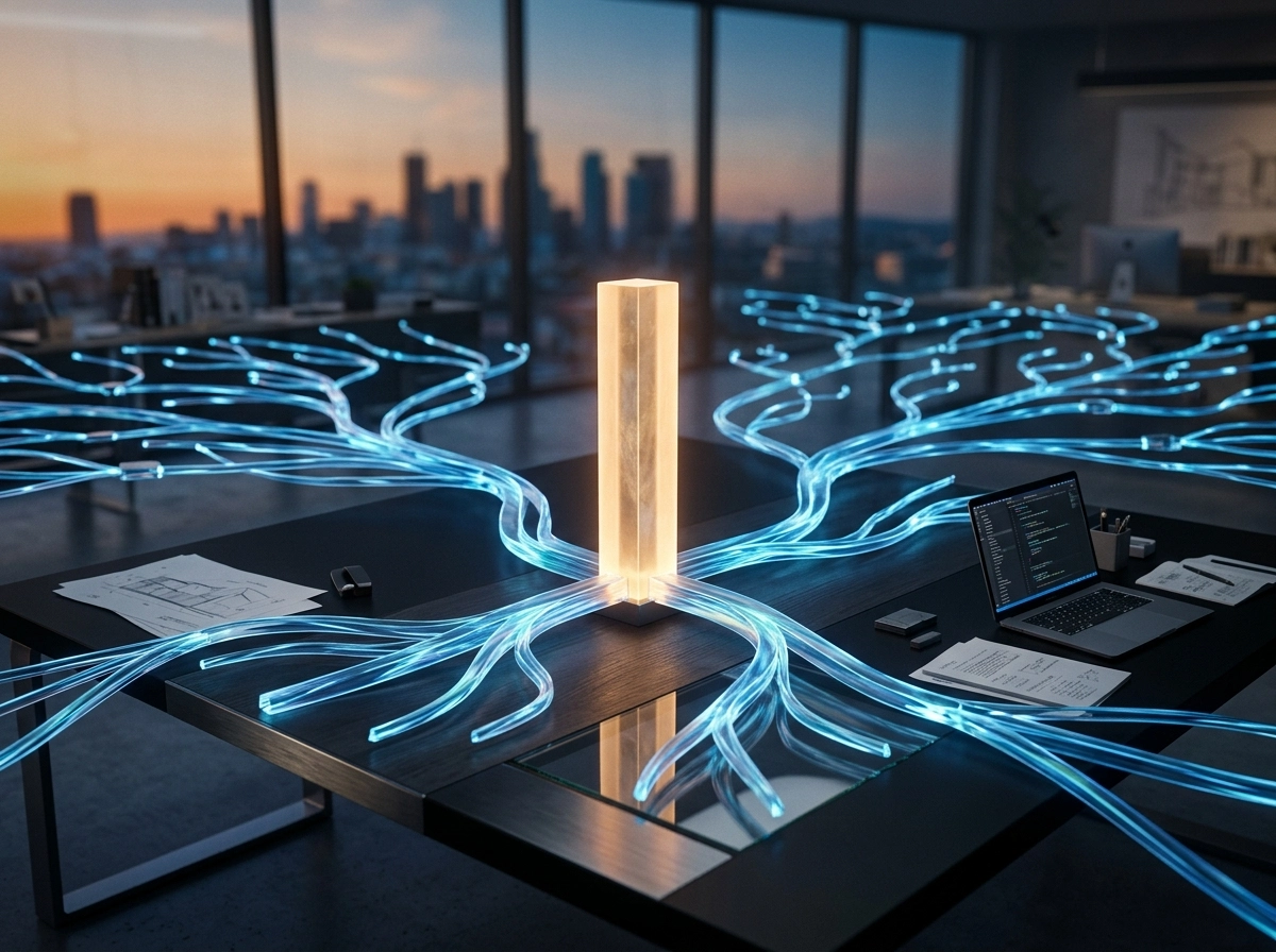 Glowing fiber optic network on a desk to improve content creation efficiency and AI SEO writing assistant output.