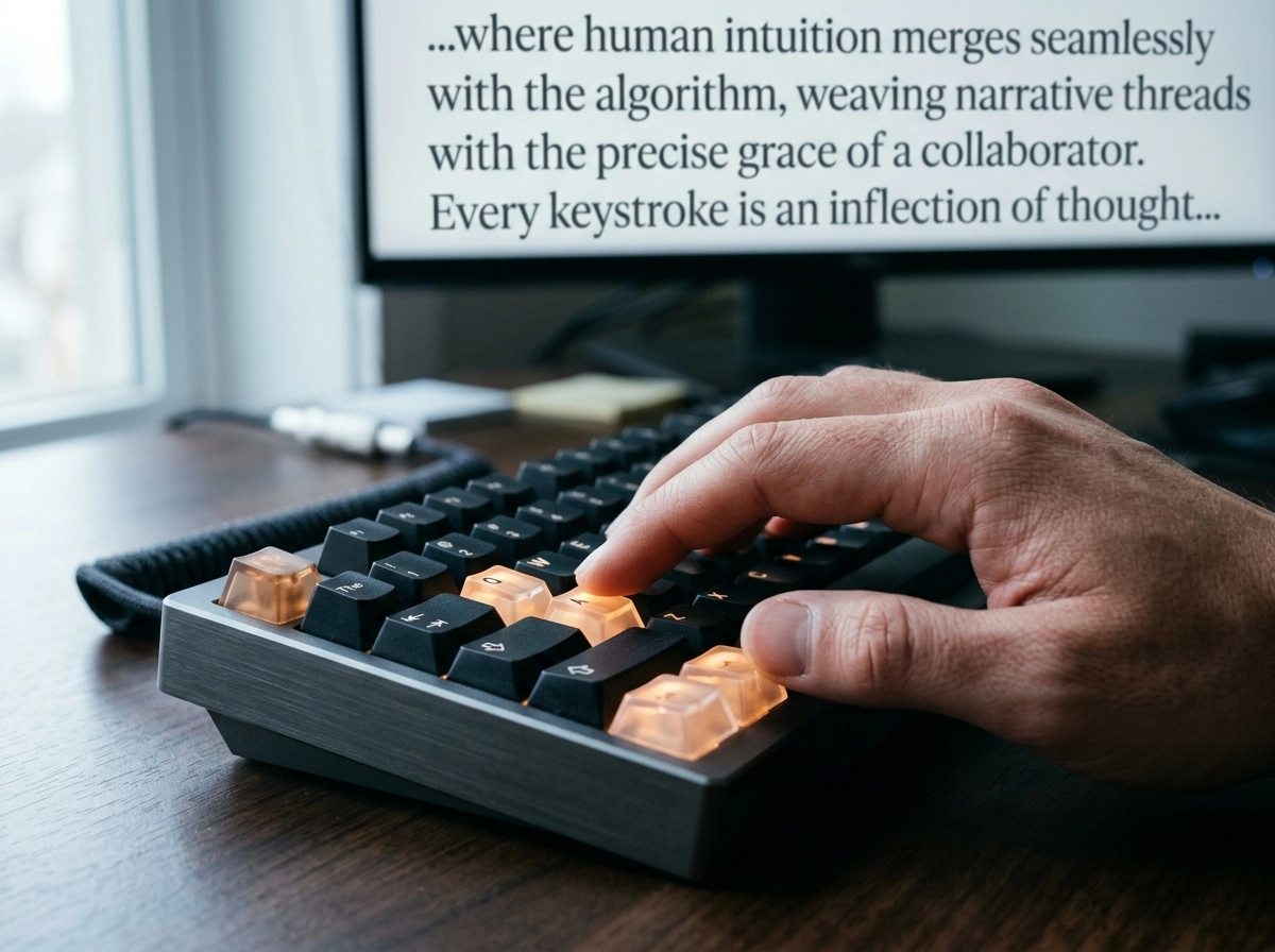 Hand typing on a mechanical keyboard, illustrating blogging efficiency tools and automated content creation.