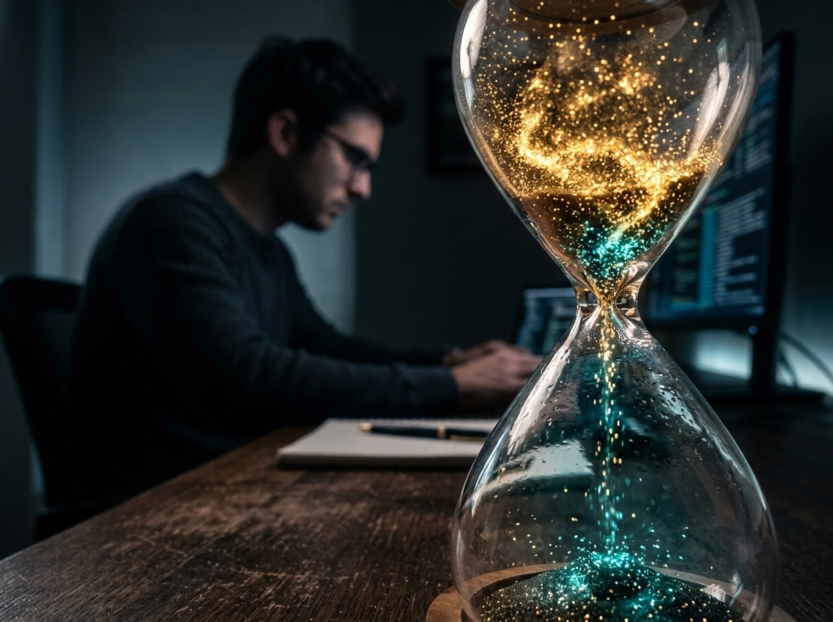 Hourglass with glowing sand, representing content automation performance and reader engagement metrics.