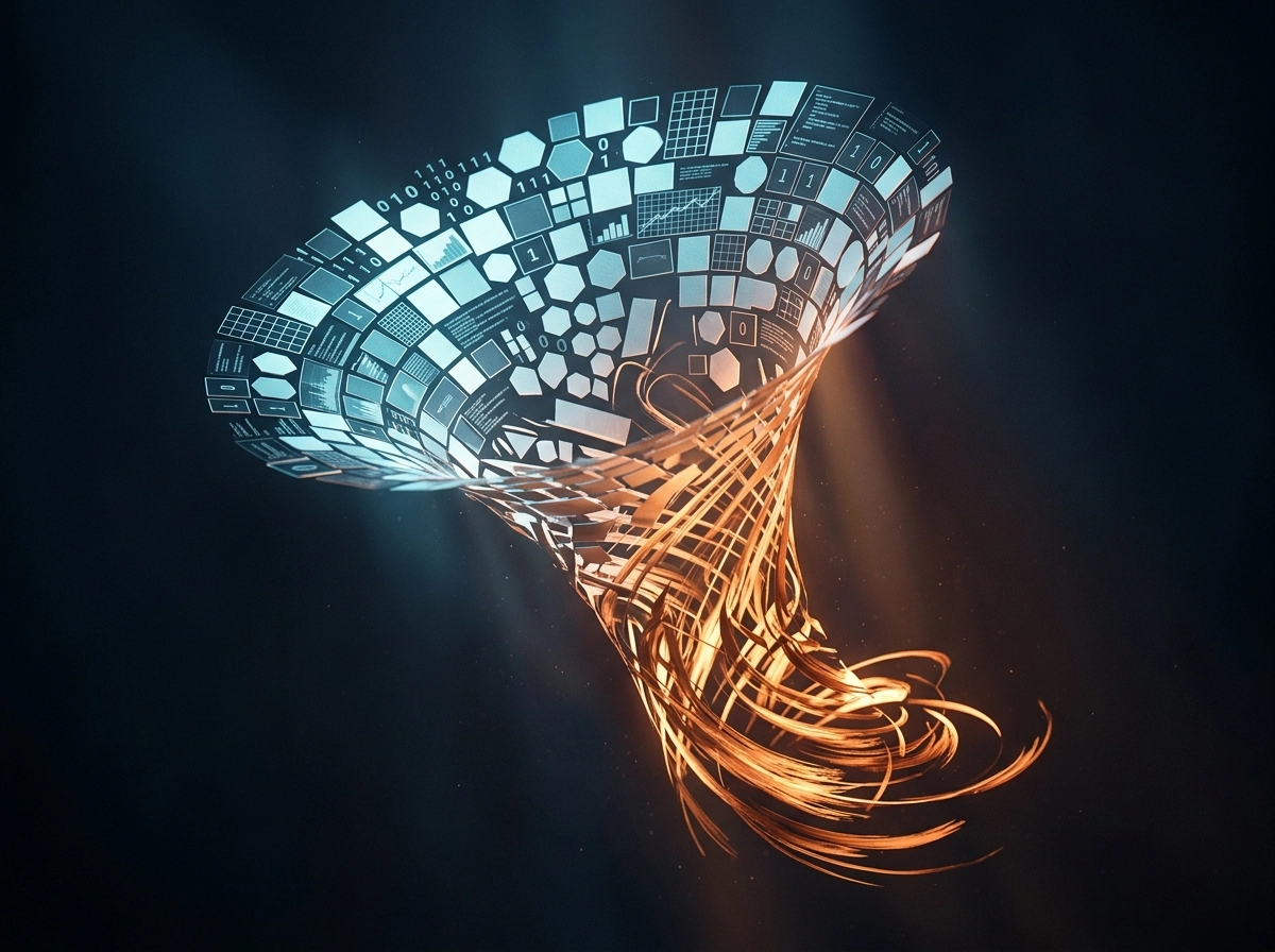 Abstract digital funnel visualizing automated content creation tool data and performance metrics.